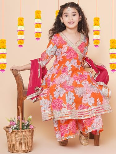 Bitiya By Bhama Girls Orange Floral Printed Angrakha Anarkali Kurta & Sharara With Dupatta(TKS141)