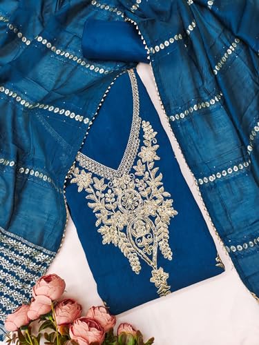 Leeli Peeri Designer Women's Vichitra Silk Embroidery Work Unstitched Salwar Suit Dress Material