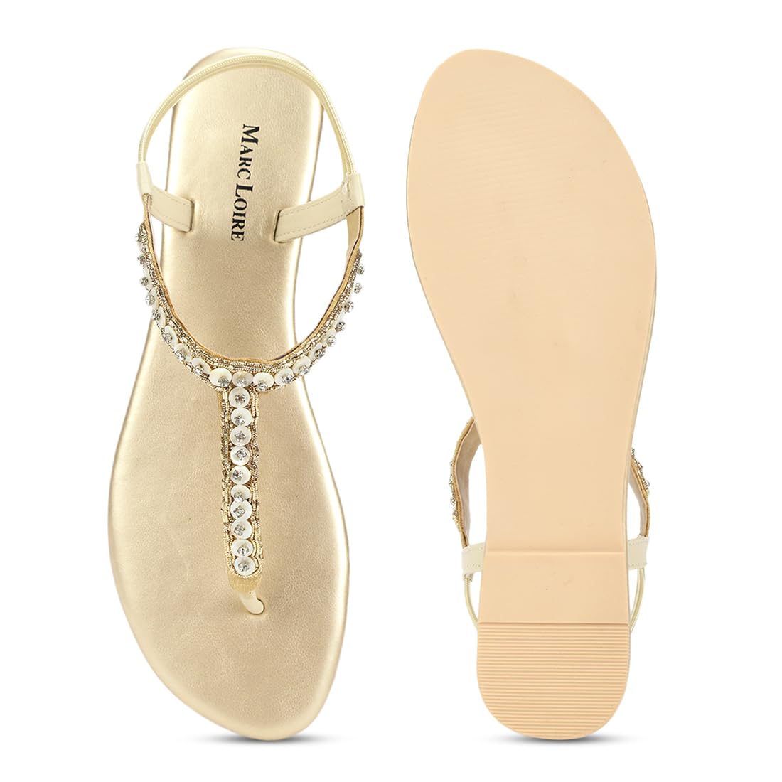 Marc Loire Embellished T-Strap Flat Fashion Sandals for Women (Gold, UK Footwear Size System, Adult, Women, Numeric, Medium, 3)