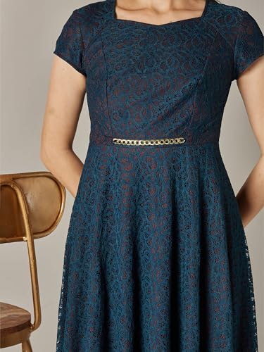 Miss Chase Womens Sweetheart-Neck Short Sleeve Self-Designed Lace Overlaid Midi Dress (MCSS25D16-77-83-03, Teal, S)