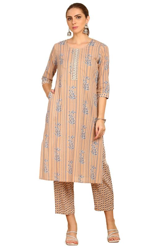 Soch Womens Earth Printed Cotton Suit Set With Gotta Patti