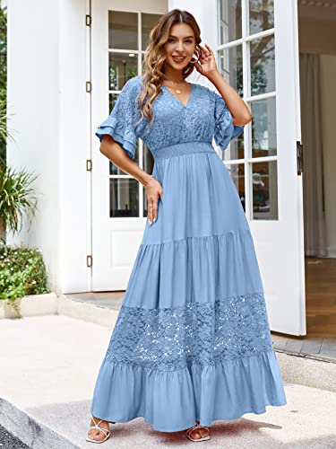 Simplee Women V Neck Formal Lace Maxi Dress Ruffle Flowy Short Sleeve Boho Wedding Guest Party Summer Long Dress, Lace_blue, Medium