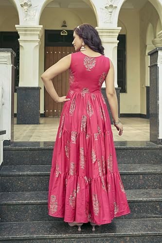 Samprag Rayon Gown for Women | Full Length | Printed | Fit & Flare | Sleevesless | Round Neck | Stylish | Ethenic Dress | Ideal for Casual, Wedding & Party Occassions | Pink | M