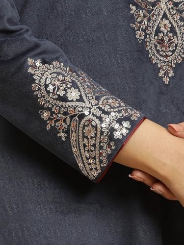 W for Woman Blue Embroidered Flared Velvet Kurta (Size: S)-24NOW10358-220778