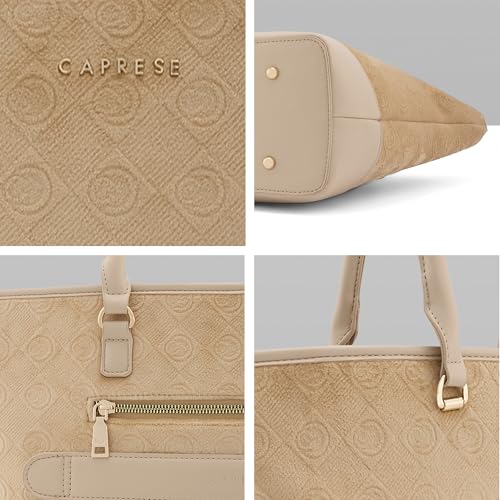 Caprese Katherine Large Monogram Velvet Laptop Tote for Women | Premium Multi-Compartment Office Handbag with Padded Tech Sleeve | Shoulder Bag for 15.6" Laptop for Work & Travel (Alpine Oat)