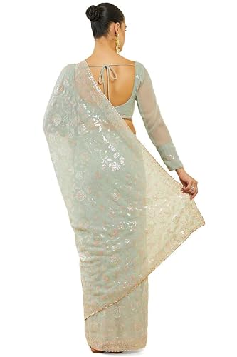 Soch Womens Sap Green Georgette Saree With Floral Embroidery And Sequins