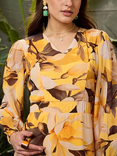 Yellow Floral Baloon Sleeve Midi Dress