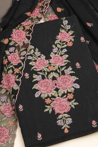 Soch Womens Black Crinkle Chiffon Floral Print Unstitch Dress Material With Stone Work
