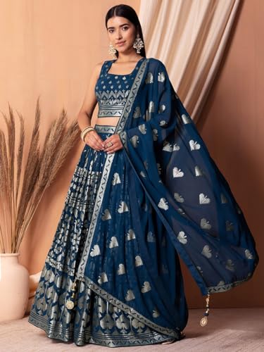 Zeel Clothing Sequins Thread Embroidered Work Pure Georgette Semi Stitched Lehenga Choli With Dupatta (5117-Blue-Women-Lehenga-Choli-Latest; Free Size)