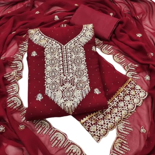 VARNI FABRICS Georgette Dress Material for Women Embroidered Unstitched Woman Salwar Suit Dress Material With Chiffon Dupatta Dark Purple