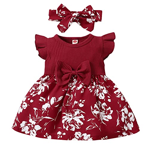 Hopscotch Girls Floral Print Knee-Length Casual Dress With Headband In Red Color For Ages 9-12 Months