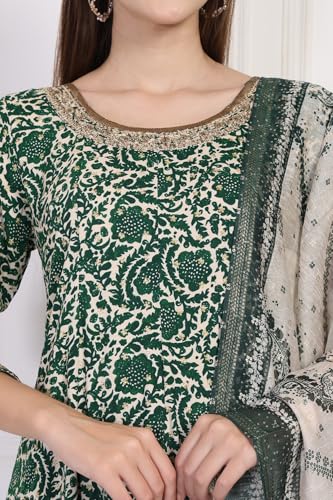 W for Woman Green Printed Block Print Embellished Anarkali Kurta with Straight Pant and Dupatta Set (WS13177-126083-L)