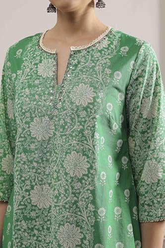 Biba Women's Green Cotton A-Line Printed Suit Set