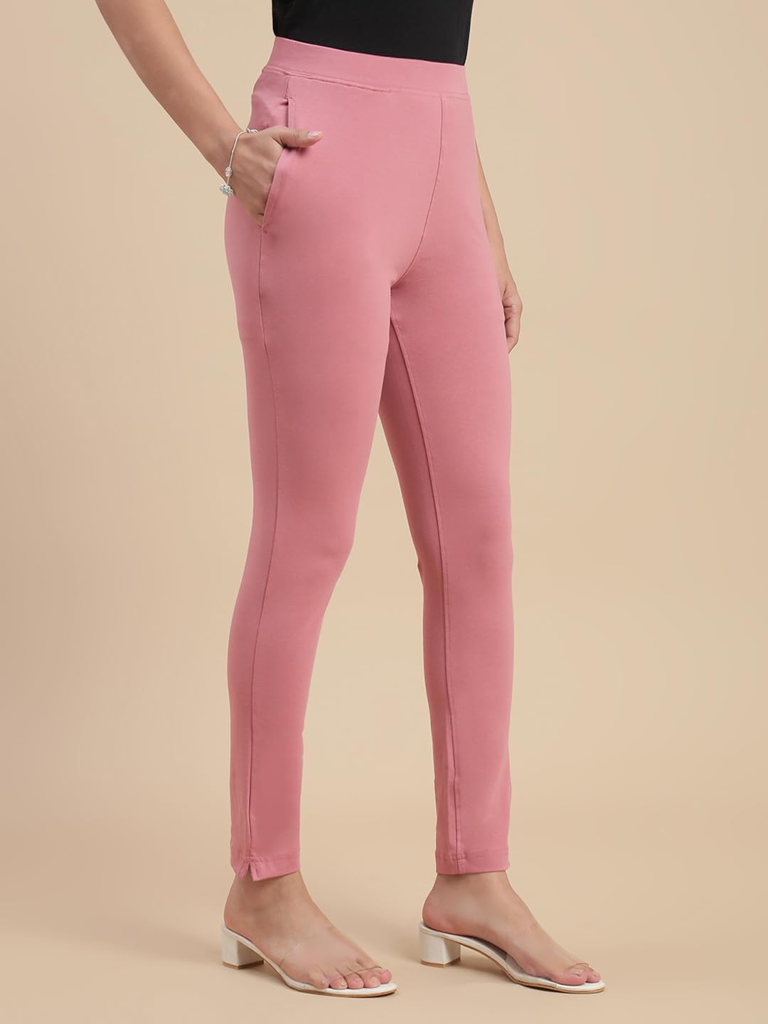 De Moza Women Comfort Fit Kurti Pant - Dusty Pink | 95% Cotton 5% Elastane | Mid Rise | 1 Pocket | Casual & Office Wear