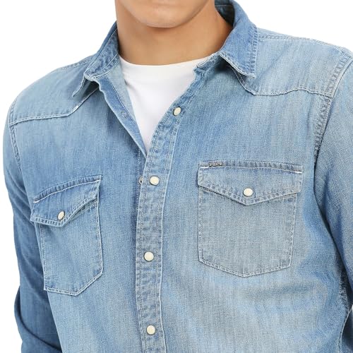 Pepe Jeans Men Cotton Solid Regular Fit Shirt (PM308261G22_MID WASH Indigo Blue, XL