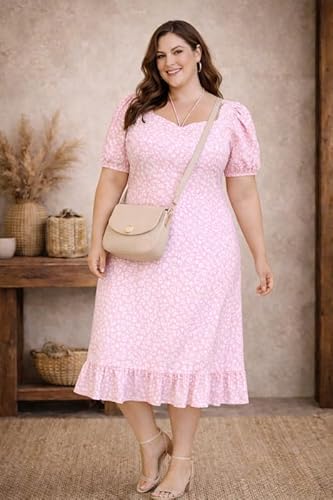PrettyPlus by Desinoor.com Plus Size Pink Floral Dress | Midi Dress for Women | Stylish Long Women Western Frock | Knee Length Midi | Fit & Flare Solid Desk to Dinner Dress | Dresses for Girls