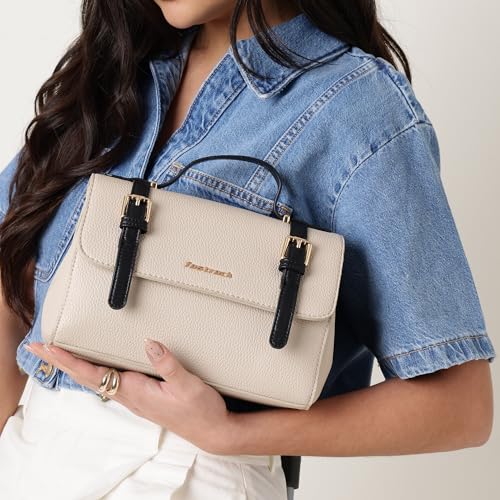 Fastrack Monochrome Muse Satchel | Faux-Leather Women’s Handbag in White & Black | Buckle-Flap Design with Dual Carry Options & Multi-Compartment Interior