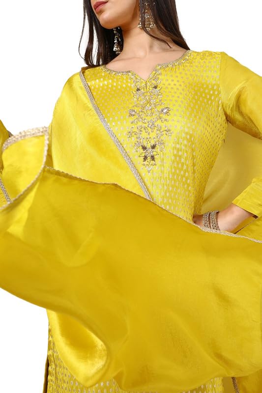 Soch Womens Mustard Tissue Woven Design Suit Set With Cutdana