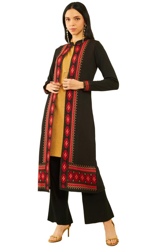 Soch Womens Black Acrylic Geometric Pattern Knitted Open-Front Longline Shrug(WW-CWA3KU60360A)
