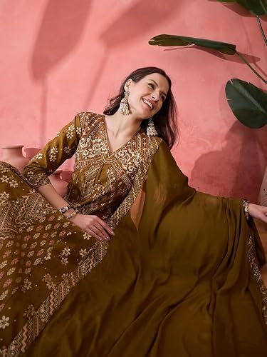 AVYUKTHA Silkkurta Palazzo & Dupatta Set For Womens | Regular Fit | 3/4 Sleeve | V Neck | Printed Embroidery | Lightweight & Comfortable | Ethenic Dress | Ideal For Weddings & Parties | M | Mustard