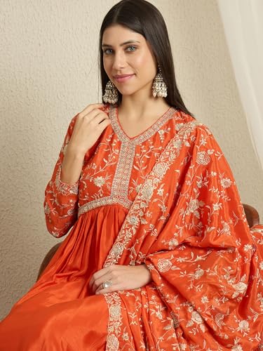 Hoyendiafad Women's Orange Chinon Stitched Gown With Dupatta Full Sleeve Embroidered Anarkali Gown (HFY-1244-Orange-L)