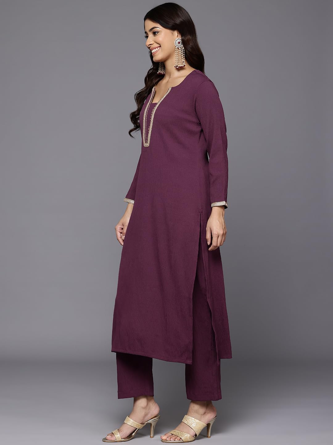 Varanga Women Purple Gota Lace Embellished Kurta Set with Bottom & Dupatta - Stylish Kurti Pant Set for Women, Wedding Dress (Medium)