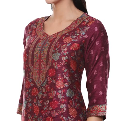 BIBA Women YARNDYED STRAIGHT KURTA SALWAR KURTA DUPATTA(SKDARTSY WE9102_WINE_34)