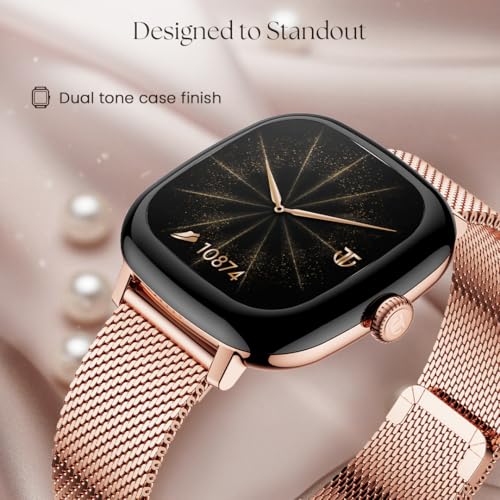 Titan AiRA 1.70" AMOLED Metal Case Square Display Smart Watch with Silicone Strap Stress Monitoring, 1000 Nits, Functional Crown, AI Enabled, IP68 Water Resistant Upto 7 Days Battery Life - Rose Gold