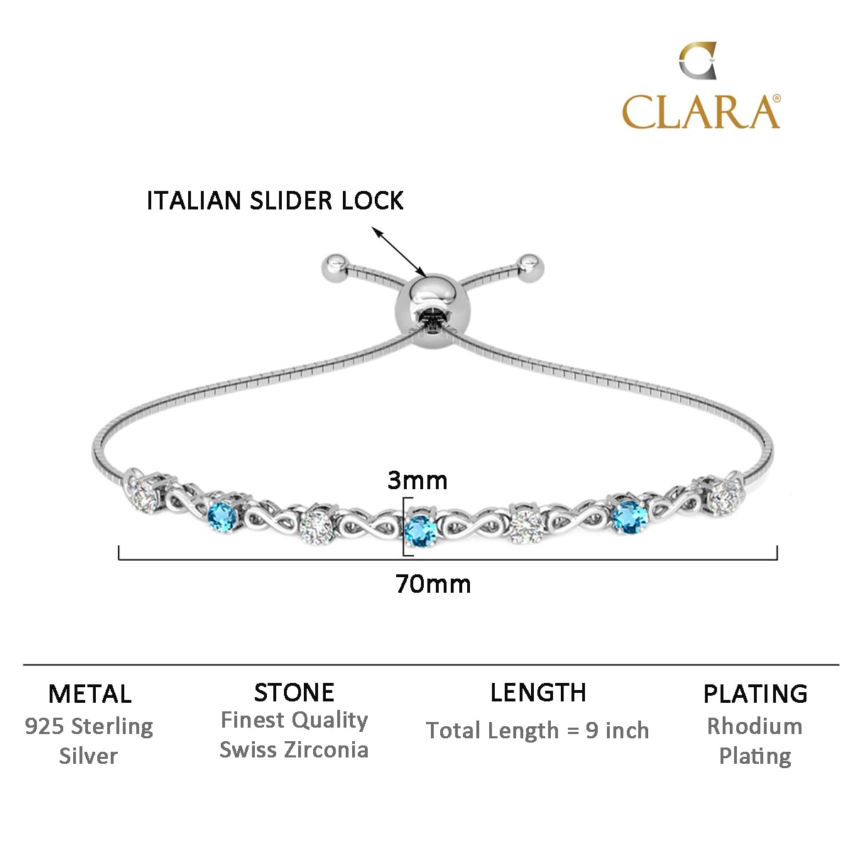 Clara 925 Pure Silver Blue Infinity Hand Bracelet, Adjustable, Anti Tarnish, Swiss Zirconia Gift for Women and Girls