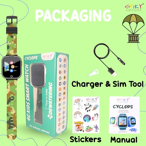 SPIKY 4G Kids Smart Watch with Video Calling, GPS Tracker, WiFi & SIM Support | Calling Smartwatch for Boys & Girls | SOS, Safe Zone, IP67 Waterproof, Camera, Pedometer (Camo Green)