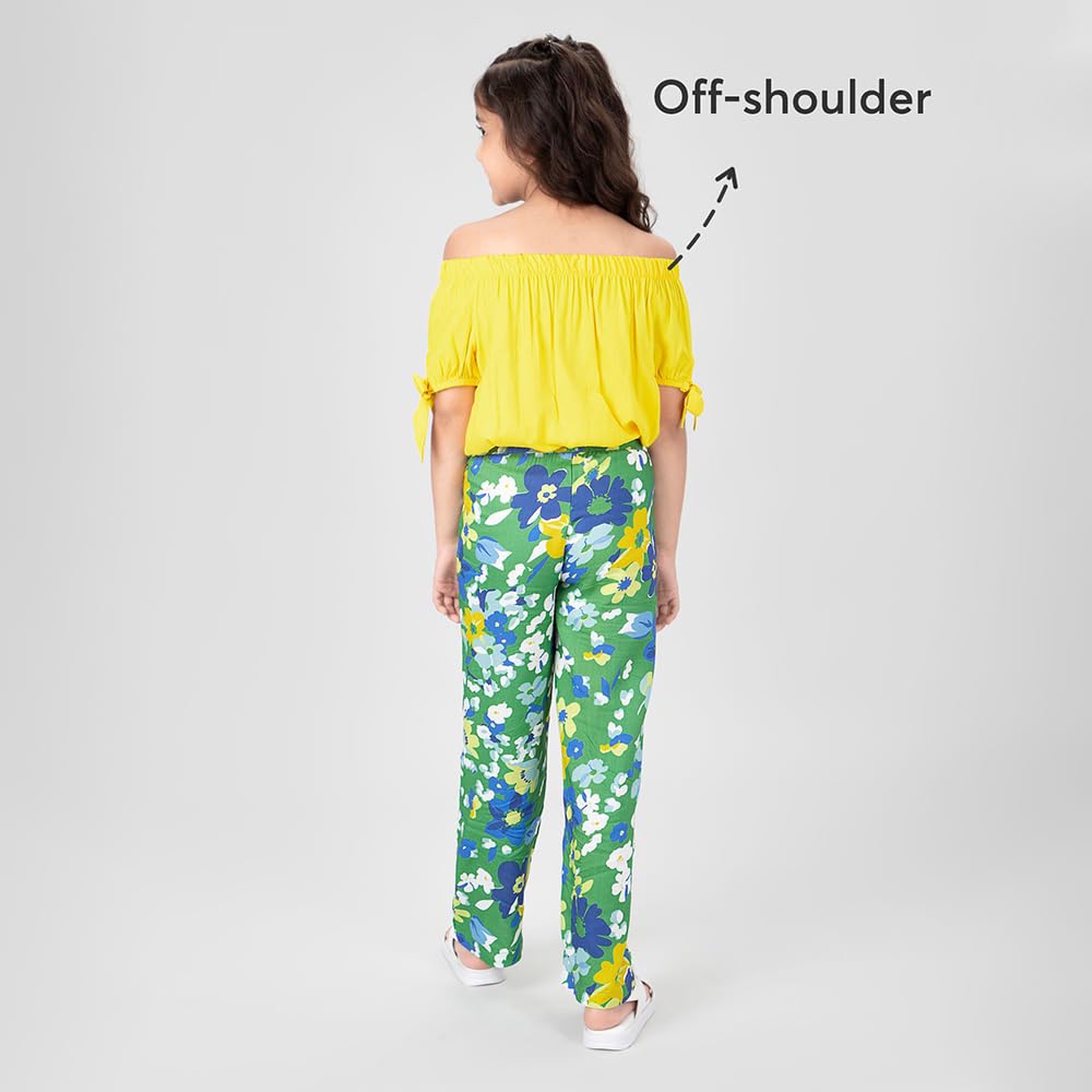 Hopscotch Girls Cotton Floral Print Top And Pant Set In Yellow Color For Ages 9-10 Years (HSP-3681744)