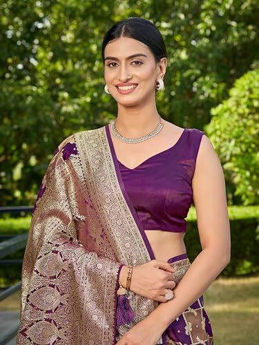 MANOHARI Women's Most Trendy Banarasi Satin Silk Woven Purple Wine Saree With Heavy Jacquard Work Saree With Blouse Piece_MN2054