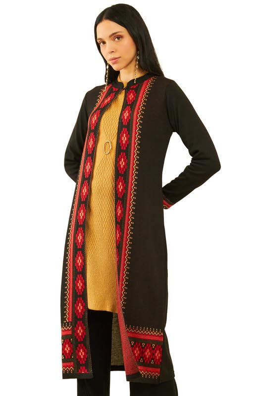 Soch Womens Black Acrylic Geometric Pattern Knitted Open-Front Longline Shrug(WW-CWA3KU60360A)
