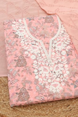 Soch Womens Peach Cotton Digital Printed Botanical Chikankari Embroidered Dress Material