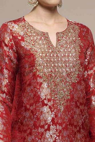 Biba Women Red Viscose Rayon Straight Yarndyed Suit Set_34