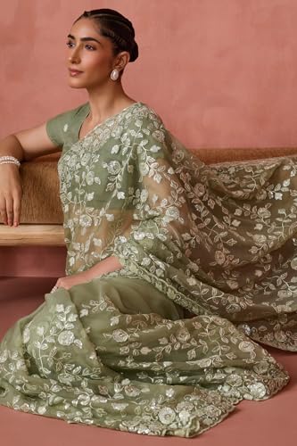 Soch Womens Sap Green Georgette Embroidered Saree