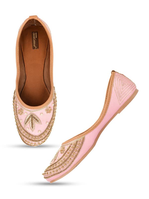 DESI COLOUR Mojari Punjabi Jutti for Women Ethnic Footwear- Dabka Work (Pink, Numeric_7)