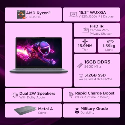 Lenovo IdeaPad Slim 3 AMD Ryzen 7 8840HS 15.3 inch (38.8cm) WUXGA IPS AI PC Laptop(16GB RAM/512GB SSD/Windows 11/Office Home 2024/Backlit Keyboard/1Yr ADP Free/Grey/1.6Kg), 83KA0048IN