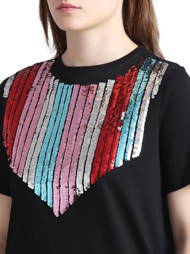 ONLY Women Embellished Cotton Black T-Shirt