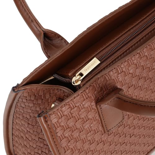 Fastrack Lattice Brown Satchel Bag | Faux Leather Woven Design | Three Compartment Satchel with Center Zipper Pocket & Organizer Pockets | Dual Carry Handles & Adjustable Strap