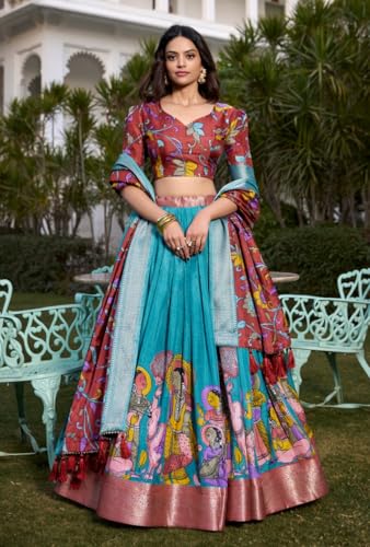 FIBREZA Women's Tussar Silk Lehenga Choli Set Semi-Stitched | Patola Print with Foil Work | Unstitched Blouse | Designer Ethnic Wear for Navratri, Wedding, Festival Prewedding Photoshoot (Rama)