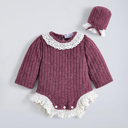 Hopscotch Girls Burgundy Full Sleeves Lace Embellished Onesie For Age (9-12 Months)
