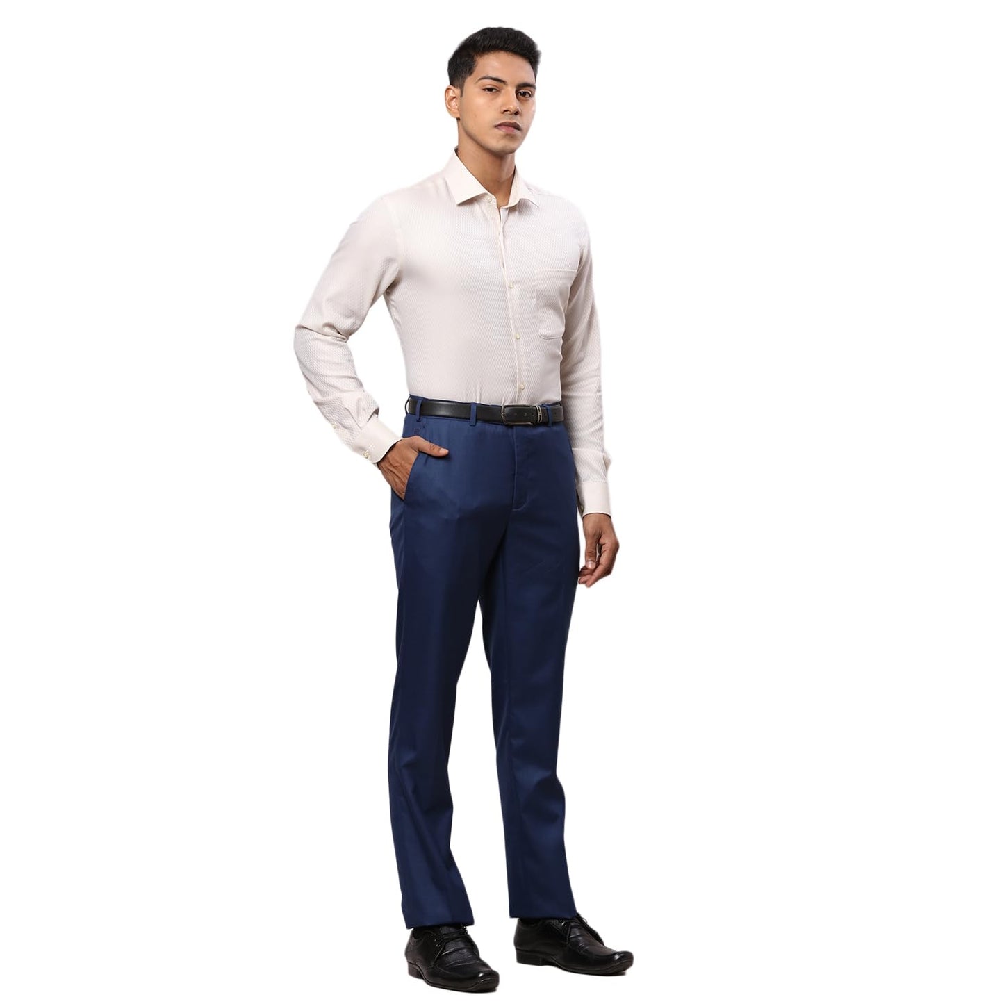 Raymond Men Slim Fit Formal Trousers, Structure Pattern, Polyester Blend, Mid Rise, Flat Front Office Wear | Dark Blue