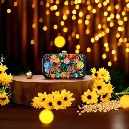 DUCHESS women bridal Fancy Party Hand Embroidered Box Clutch Purse with Sling For Girls and Women
