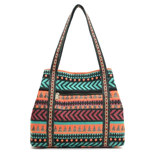 Boho Girl Women Multicolor Jacquard Fusion Tote (Green Multi)