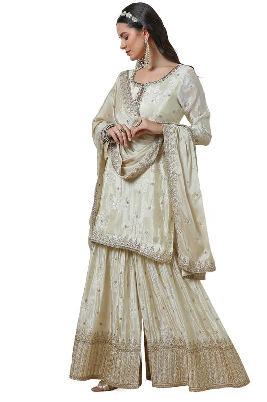 Soch Womens Cream Brocade Sharara Suit Set with Sequins