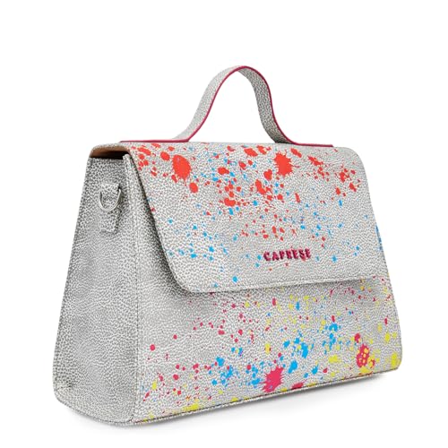 Caprese Splash Satchel Bag, Small | Stylish Printed Handbag for Women with Adjustable & Detachable Sling Strap | Magnetic Snap & Zipper Closure | Ideal for Office & Daily Use (Beige)