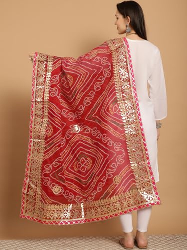 JABAMA Women's 2.3 Meter Cotton Kota Doriya Bandhej Dupatta for Women with Gota Patti Work – Lightweight Ethnic Dupatta for Kurti, Suit & Lehenga | Traditional Rajasthani Bandhani Design
