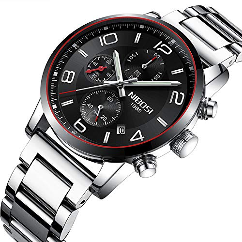 NIBOSI Chronograph Quartz Stainless Steel Mens Wrist Watch (Black Color Dial and Silver Color Strap