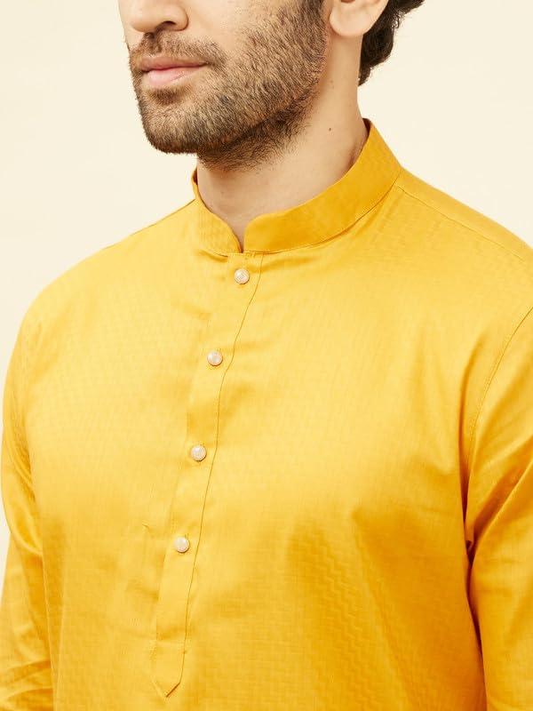 Manyavar Men's Mustard Cotton Checks Kurta Pyjama Set
